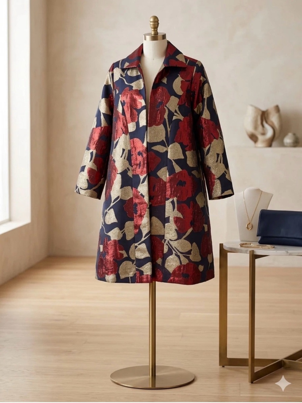 Frances Valentine Navy Red Floral Jacquard Trench Coat